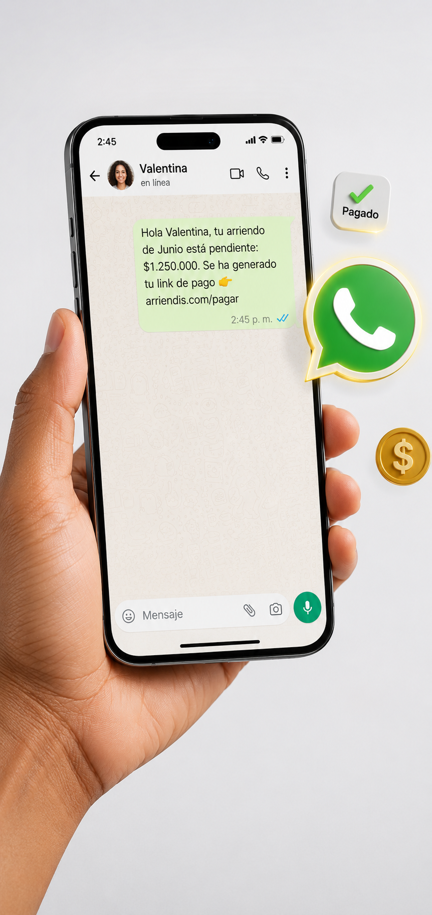 Cobro de arriendo enviado al inquilino por WhatsApp desde Arriendis
