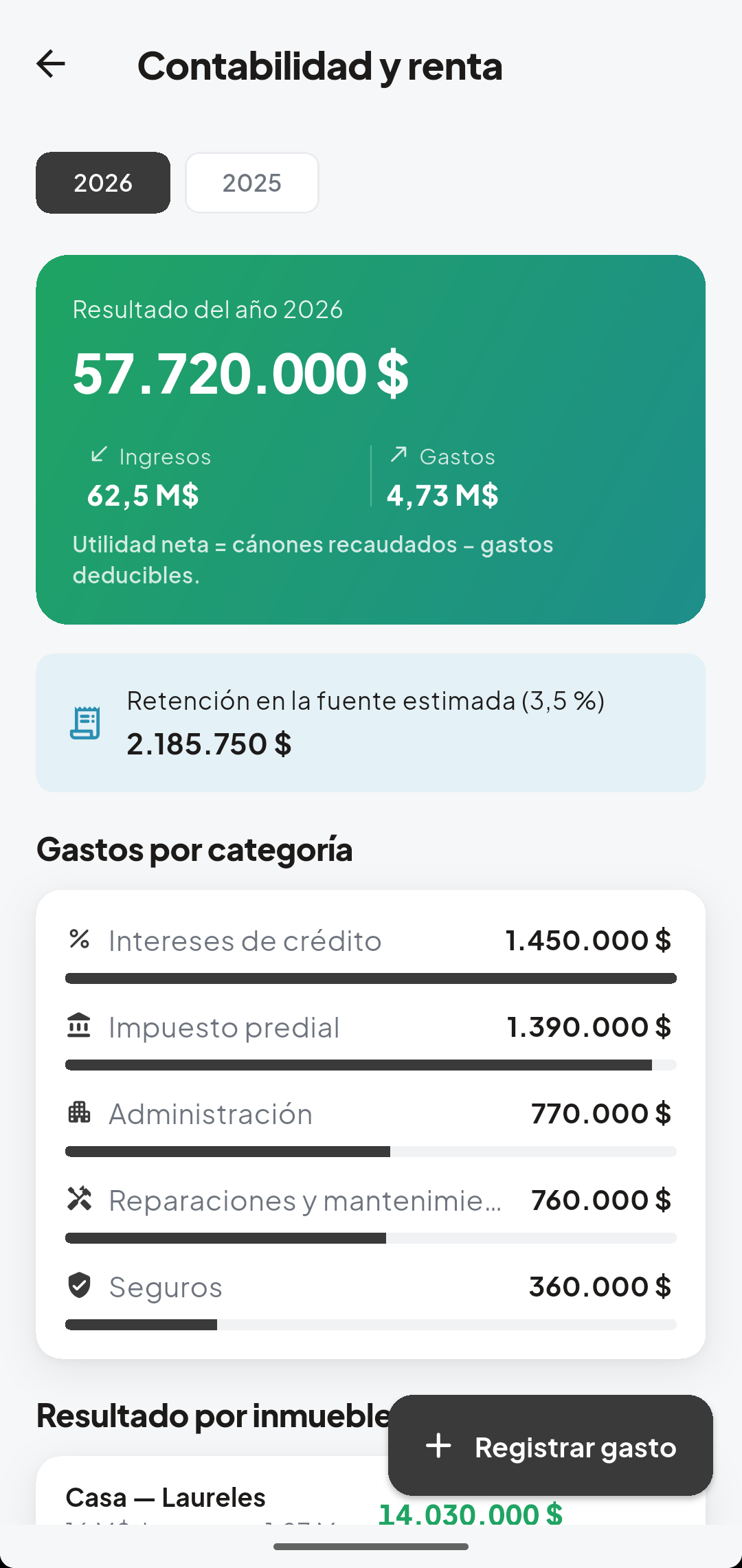 Reporte de renta y retención en la fuente para la DIAN en la app Arriendis
