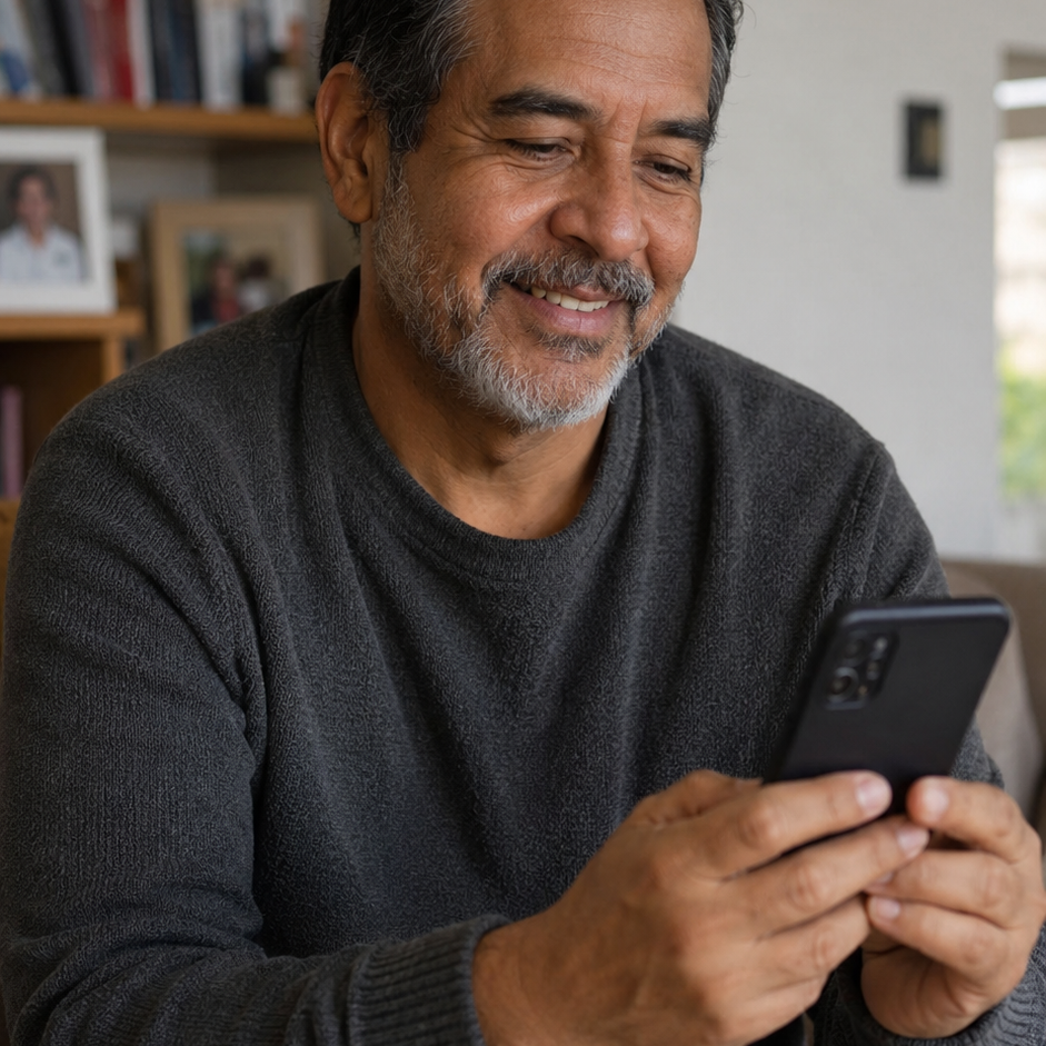 Arrendador colombiano sonriendo mientras administra sus arriendos desde el celular con Arriendis